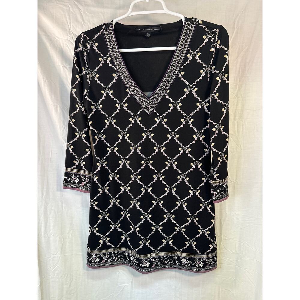 White House Black Market Black Floral Shirt 3/4 Sleeve‎ XS